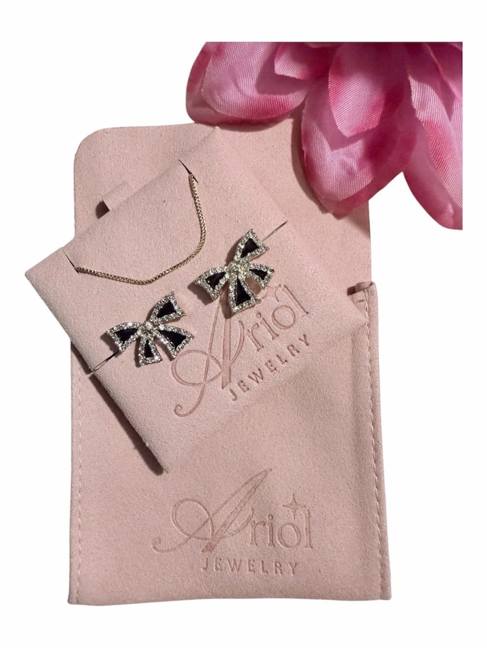 Gold Plated Jewelry Set Black and Silver Bow Earrings